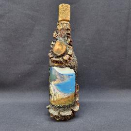 Бутылка декоративная винтажная, СССР. Сувенир с морским пейзажем, оформление под кору дерева