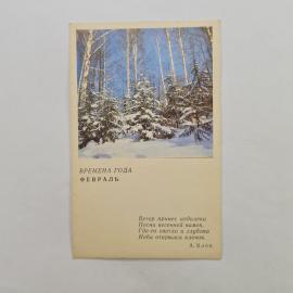 Открытка советская СССР. Времена года, февраль, зимний лес, березы и ели в снегу, винтаж