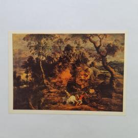 Открытка советская СССР. Рубенс, пейзаж с повозкой и деревьями, Государственный Эрмитаж, винтаж