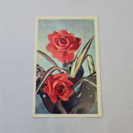Открытка советская СССР. Поздравляем, цветы, две розы в вазе, издательство Изобразительное искусство