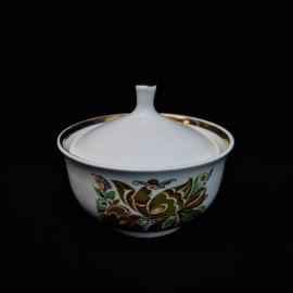 Сахарница винтажная, СССР. Фарфор с крышкой, белая с цветочным узором и золотистой каймой