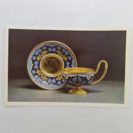 Открытка советская СССР. Чашка с блюдцем, декоративное искусство, эмаль, Ленинград. винтаж