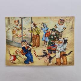 Открытка старинная. Сказка с котами, уличная сценка у витрины, художник E.K. почта Color