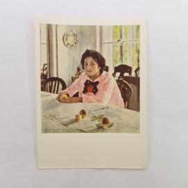 Открытка советская СССР. Девочка с персиками, живопись Серов, жанровая сцена, винтаж открытка