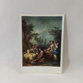 Открытка советская СССР. Карл Ванлоо, Чтение, жанровая живопись с дамами и кавалером, винтаж