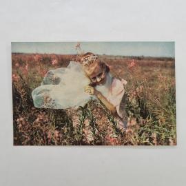 Открытка советская СССР. Кадр из кинофильма Шельменко денщик, девочка в цветочном поле. винтаж