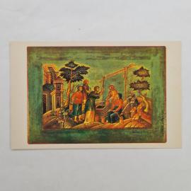 Открытка советская СССР. Лаковая миниатюра Мстёры, У колодца, жанровая сцена, винтаж
