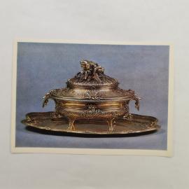 Открытка советская СССР. Миска суповая на блюде, декоративное серебро, музейная коллекция, винтаж