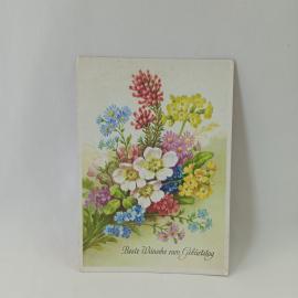 Открытка старинная. Поздравительная надпись Beste Wunsche zum Geburtstag, букет полевых цветов