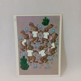 Открытка советская СССР. Детская сказка, зайки на лужайке в белых майках, летнее утро. винтаж
