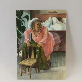 Открытка советская СССР. Сказка, ежик в комнате с одеждой и кроватью, детская иллюстрация.