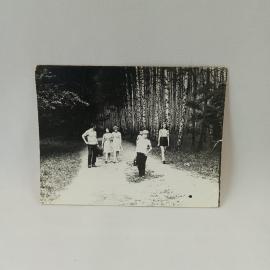 Фотография винтажная, СССР. Черно белый любительский снимок с людьми на лесной дороге