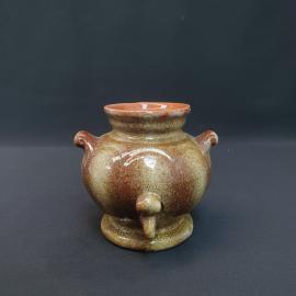 Горшок керамический винтажный, СССР. Декоративный сосуд с ручками, коричневая глазурь