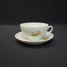 Чайная пара винтажная, СССР. Фарфор, детский рисунок с котенком и грибом