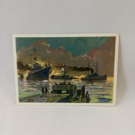 Открытка советская СССР. Перевозка войск Балтийским флотом, корабли на Неве, Ленинград, винтаж