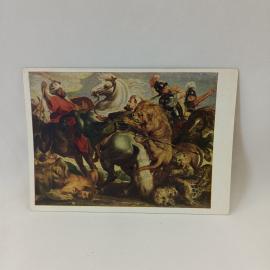 Открытка советская СССР. Дрезденская галерея, Рубенс, сюжет охоты, всадники и львы. Винтаж