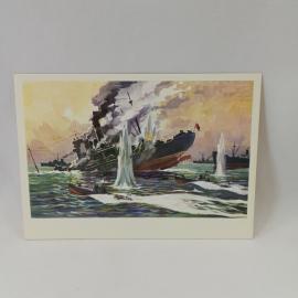 Открытка советская СССР. Атака торпедных катеров, морской бой, флот, Ирбенский пролив, винтаж