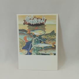 Открытка советская СССР. Иллюстрация к эстонской народной сказке, рыбаки, лодка, рыбы, винтаж