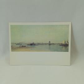 Открытка советская СССР. Боголюбов, устье Невы, морской пейзаж, лодки и городская панорама. винтаж