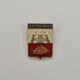 Значок СССР. Устюжна, герб города с медведями и соляной чашей, Винтажный значек.