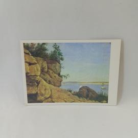 Открытка советская СССР. Живопись, пейзаж На Волге, утес, парусники, Чернецов, винтаж```