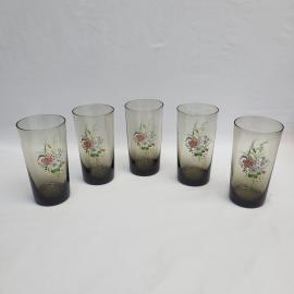 Стаканы винтажные, СССР. Набор 5 шт., дымчатое стекло с цветочным рисунком