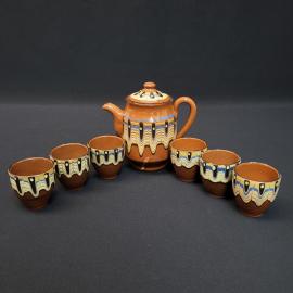 Сервиз кофейный винтажный, СССР. Керамика, чайник и 6 чашек с ручной росписью