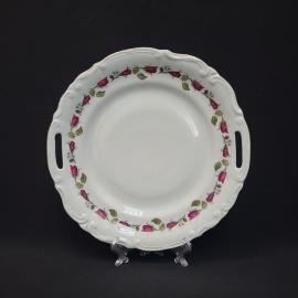 Блюдо винтажное, СССР. Фарфор Chodziez, круглое с ручками, цветочный декор, 28 см