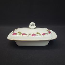 Масленка винтажная, СССР. Фарфор Chodziez, прямоугольная с крышкой и цветочным декором