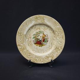Тарелка винтажная, СССР. Фаянс, декоративный рисунок с парой, диаметр 18 см