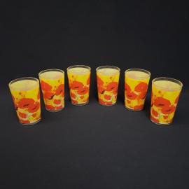 Стаканы винтажные, СССР. Набор 6 шт., стекло, с цветочным рисунком маки на желтом фоне