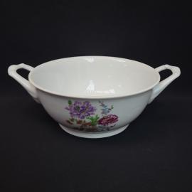 Супница винтажная, СССР. Фарфор, с двумя ручками и цветочным декором, Дулево