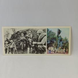 Открытка советская СССР. Военная история, солдаты на привале и памятник комсомольцам, винтаж