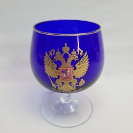 Бокал винтажный, СССР. Синее стекло на ножке, с гербом России и золотистым декором