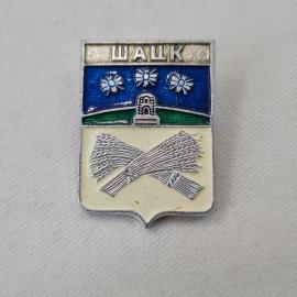 Значок СССР. Шацк, герб города, три цветка и снопы, Рязанская область. Винтажный значек.