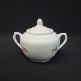 Сахарница винтажная, СССР. Фарфор, с крышкой, белая с цветочным рисунком двумя ручками