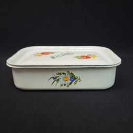 Лоток эмалированный винтажный, СССР. С крышкой, прямоугольный, с цветочным рисунком