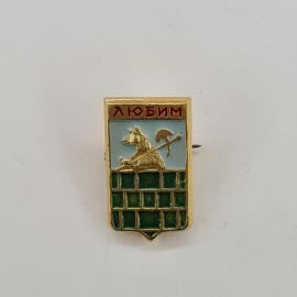 Значок СССР. Любим, герб города с лисой и сельхоз символом. Винтажный значек.