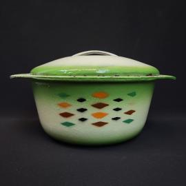 Кастрюля винтажная, СССР. Эмалированная, с крышкой, зеленая с геометрическим рисунком