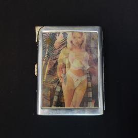 Портсигар винтажный, СССР. Металл, с зажигалкой и декоративной вставкой на крышке