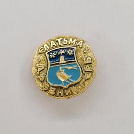 Значок СССР. Слатима Даровниа, герб, птица, городская тематика. Винтажный значек.