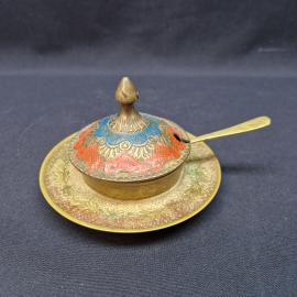 Икорница винтажная, СССР. Латунь, с крышкой и ложкой, на подставке, набор 3 предмета
