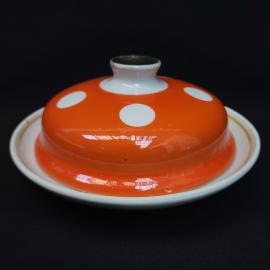 Масленка винтажная, СССР. Фарфоровая с крышкой, оранжевая в белый горох