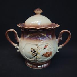 Сахарница винтажная, СССР. Керамика с крышкой, с ручками и цветочным рисунком