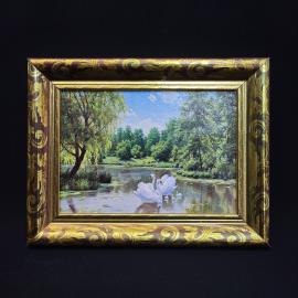 Картина винтажная, СССР. Пейзаж с лебедями в декоративной раме под стеклом