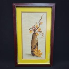 Картина вышитая винтажная, СССР. Осенний натюрморт, вышивка крестом в деревянной раме