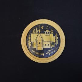 Панно настенное винтажное, СССР. Дерево, круглая форма, с изображением северного пейзажа