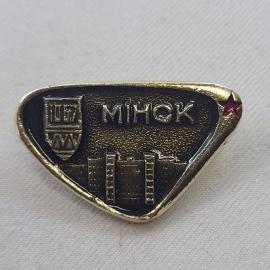 Значок СССР. Минск, ШБМ и городской силуэт, промышленность. Винтажный значек.