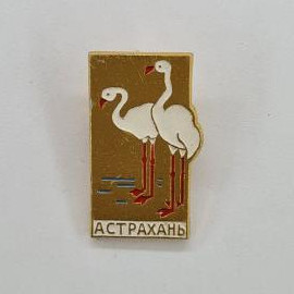 Астрахань. Два фламинго на фоне воды. Винтажный значок.