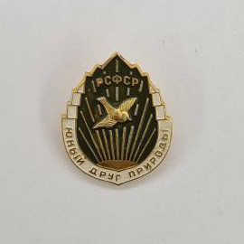 Юный друг природы. Птица на фоне лучей, винтажный значок.